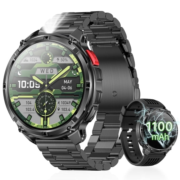 1.7"Smart Watch for Men, 1100mAh Battery, LED flashlight, compass, voice assistant and daily tools, Bluetooth Calls, Activity Records and Rugged(black)