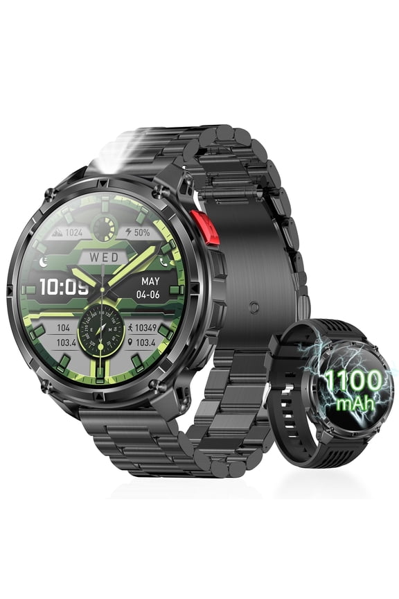 1.7"Smart Watch for Men, 1100mAh Battery, LED flashlight, compass, voice assistant and daily tools, Bluetooth Calls, Activity Records and Rugged(black)