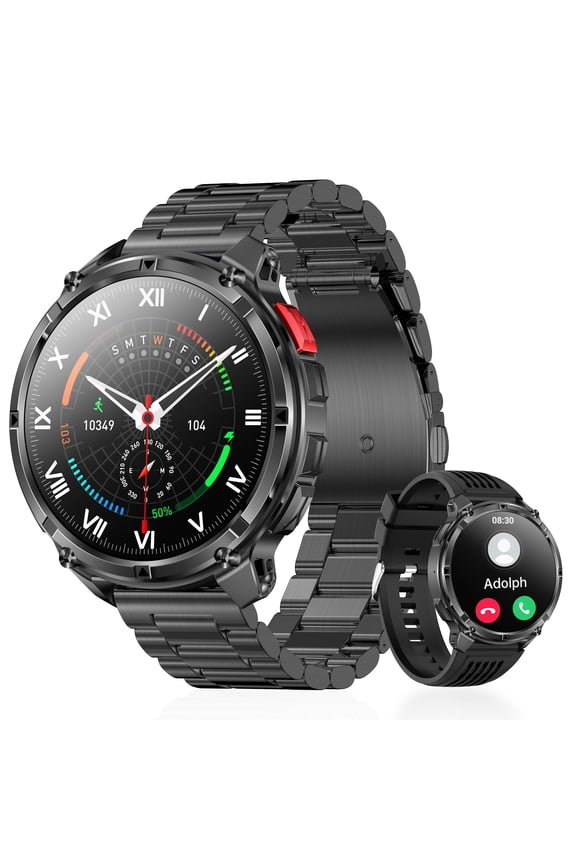 1.7"Smart Watch for Men, 1100mAh Battery, LED flashlight, compass, voice assistant and daily tools, Bluetooth Calls, Activity Records and Rugged(black)