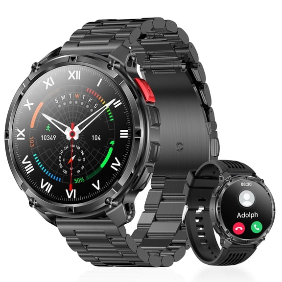 1.7"Smart Watch for Men, 1100mAh Battery, LED flashlight, compass, voice assistant and daily tools, Bluetooth Calls, Activity Records and Rugged(black)
