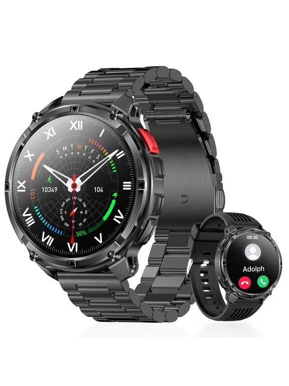 1.7"Smart Watch for Men, 1100mAh Battery, LED flashlight, compass, voice assistant and daily tools, Bluetooth Calls, Activity Records and Rugged(black)