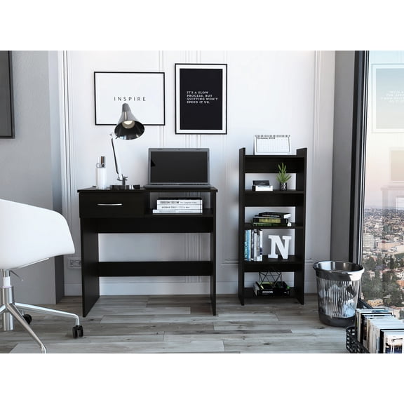 1 7-shelf Home Office In Black - Space-saving For Productive Workspace 2 7 Shelf 1 Drawer Desk And Bookcase Organized