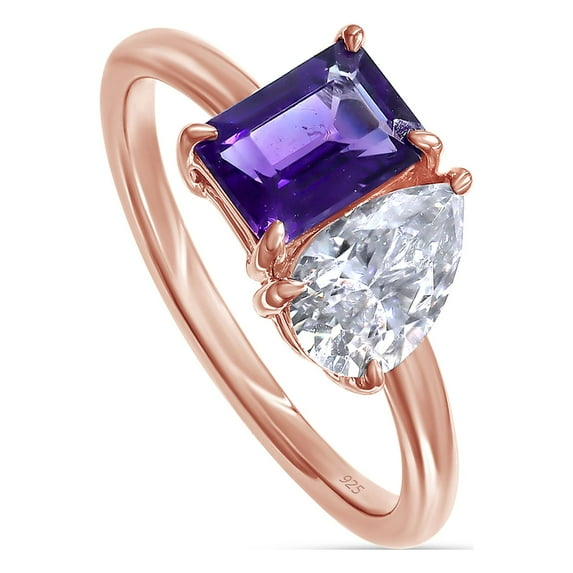 1.70 CT 7X5MM Emerald Shape Natural Amethyst & 8X5MM Pear Cut Lab Created Moissanite Diamond Toi Et Moi 2-Stone Engagement Ring For Women In 14K Rose Gold Over Sterling Silver (1.70 Cttw)-5
