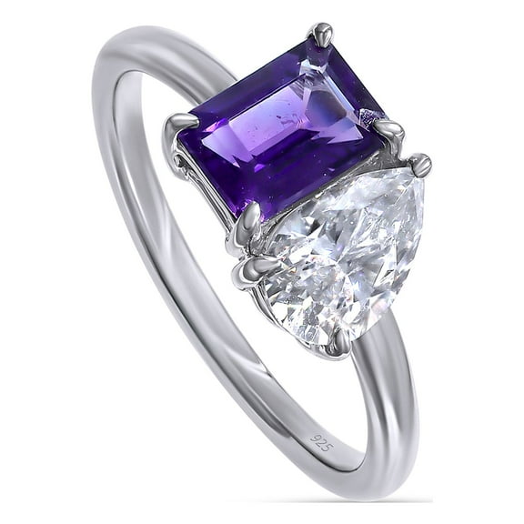 1.70 CT 7X5MM Emerald Shape Natural Amethyst & 8X5MM Pear Cut Lab Created Moissanite Diamond Toi Et Moi 2-Stone Engagement Ring For Women In 14K White Gold Over Sterling Silver (1.70 Cttw)-4