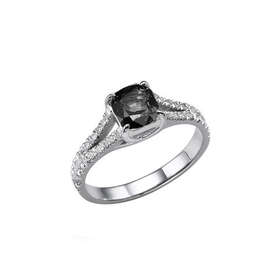 1.70 CTW 14K White Gold Black Diamond Ring with Diamonds Split Shank Cushion With Accents