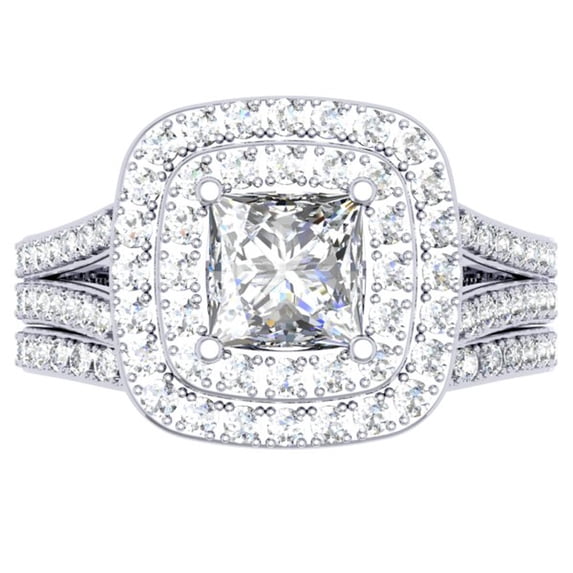 1.70 Carat (ctw) 10K White Gold Princess & Round Cut Diamond Ladies Split Shank Halo Bridal Engagement Ring With Matchin