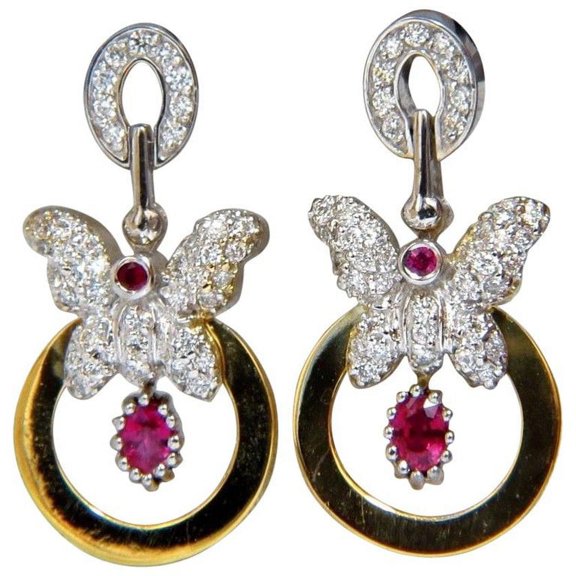 1.70CT NATURAL OVAL BRIGHT RED RUBY DIAMOND DANGLE BUTTERFLY EARRINGS 14KT
