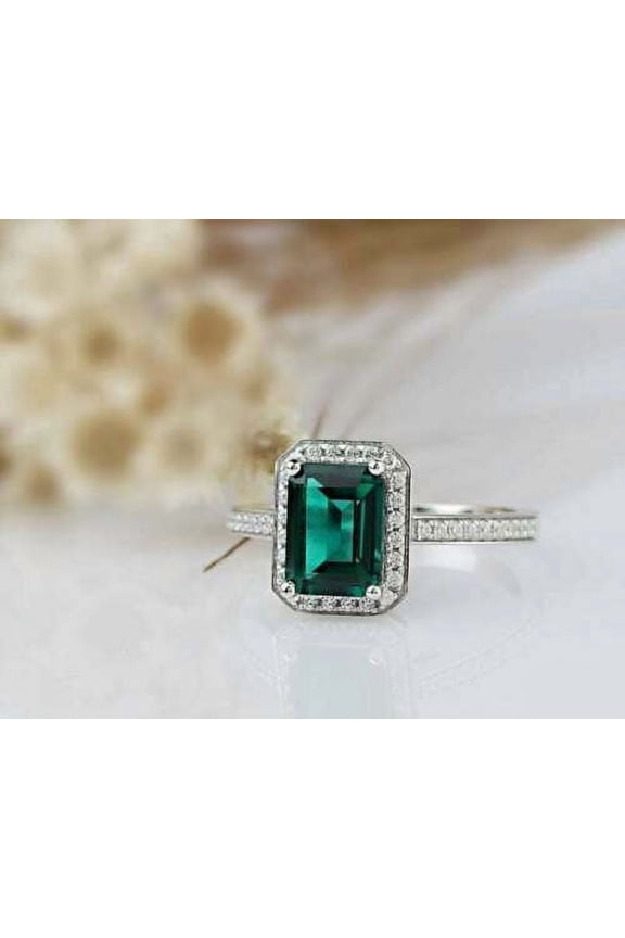 1.70Ct Emerald Cut Simulated Green Emeraald Women's Halo Silver Engagement Ring 14K White Gold Plated