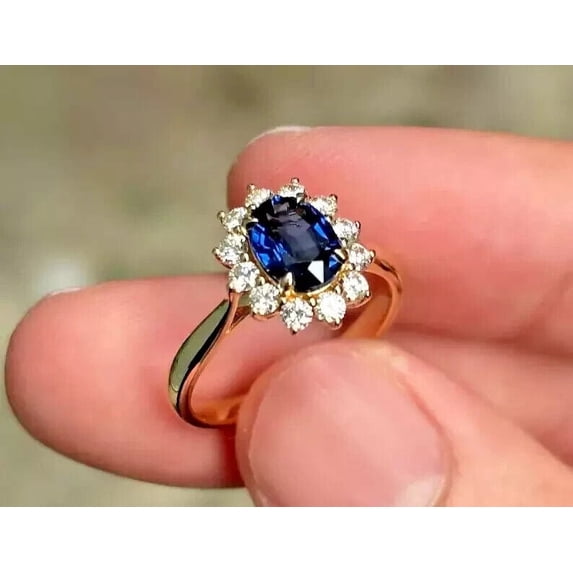1.70Ct Oval Cut Simulated Sapphire Oval Cut Halo Engagement Ring 14K Yellow Gold Plated Sterling Silver