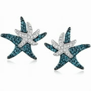 KARA JEWEL 1.70Ct Round Cut Blue And White Diamond Starfish Stud Push Back Earring 14K White Gold Plated For Women's