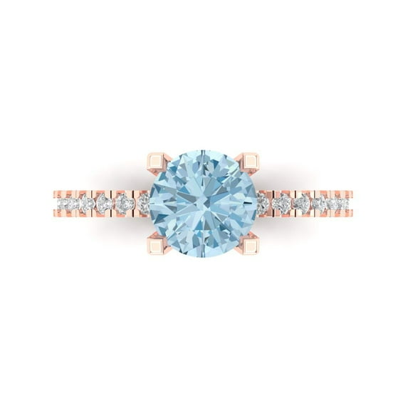 1.71 ct Round Cut Natural Swiss Blue Topaz Solitaire with Simulated Diamond Accents 18K Rose Gold Womens Engagement Ring