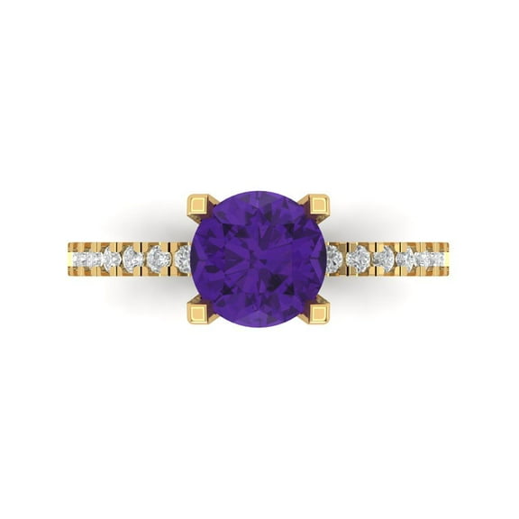 1.71 ct Round Cut Natural Amethyst Solitaire with Simulated Diamond Accents 14K Yellow Gold Womens Engagement Ring