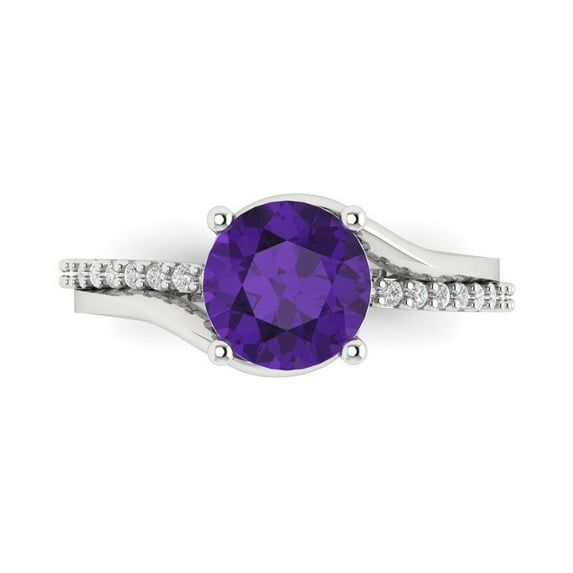 1.71 ct Round Cut Natural Amethyst Solitaire with Simulated Diamond Accents 18K White Gold Womens Engagement Ring