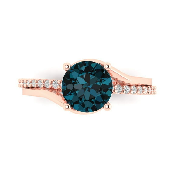 1.71 ct Round Cut Natural London Blue Topaz Solitaire with Simulated Diamond Accents 14K Rose Gold Womens Engagement Ring
