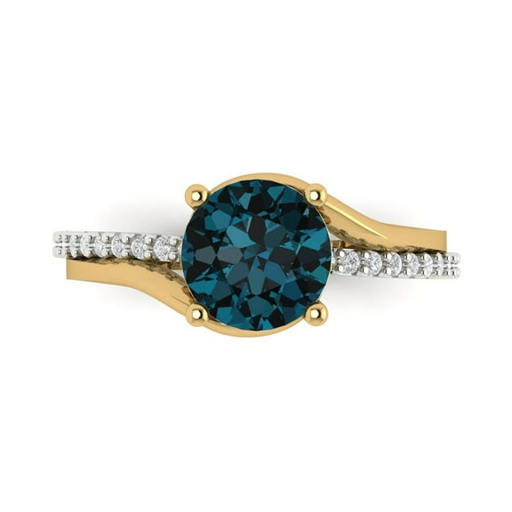 1.71 ct Round Cut Natural London Blue Topaz Solitaire with Simulated Diamond Accents 18K White/Yellow Gold Womens Engagement Ring
