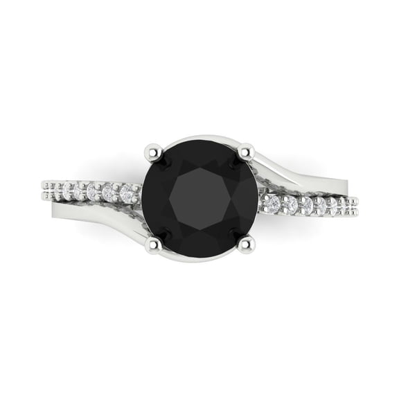1.71 ct Round Cut Natural Onyx Solitaire with Simulated Diamond Accents 14K White Gold Womens Engagement Ring