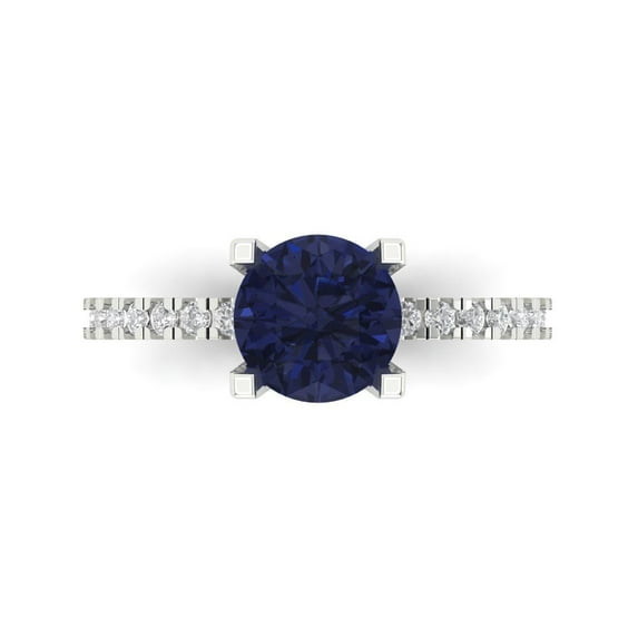 1.71 ctw Solitaire with Zirconia Diamond Accents Anniversary Ring for Women | Round Cut Simulated Blue Sapphire | Hyperallergenic Solid 14K White Gold