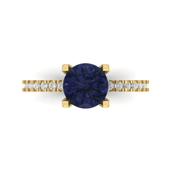 1.71 ct Round Cut Simulated Blue Sapphire Solitaire with Simulated Diamond Accents 18K Yellow Gold Womens Engagement Ring