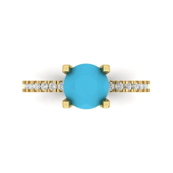 1.71 ct Round Cut Simulated Turquoise Solitaire with Simulated Diamond Accents 14K Yellow Gold Womens Engagement Ring