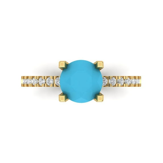 1.71 ct Round Cut Simulated Turquoise Solitaire with Simulated Diamond Accents 18K Yellow Gold Womens Engagement Ring