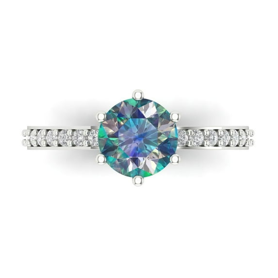 1.71ct Round Cut Blue Moissanite 18k White Gold Engraving Statement Bridal Wedding Designer Ring Size 8