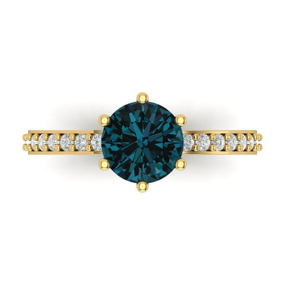 1.71ct Round Cut Blue Natural London Blue Topaz 14k Yellow Gold Engraving Statement Bridal Wedding Designer Ring Size 6
