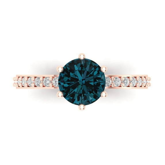 1.71ct Round Cut Blue Natural London Blue Topaz 18k Pink Rose Gold Engraving Statement Bridal Wedding Designer Ring Size 3.5