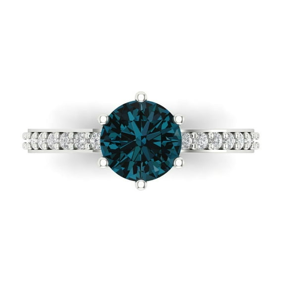 1.71ct Round Cut Blue Natural London Blue Topaz 18k White Gold Engraving Statement Bridal Wedding Designer Ring Size 9.5