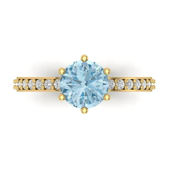1.71ct Round Cut Blue Natural Sky Blue Topaz 14k Yellow Gold Engraving Statement Bridal Wedding Designer Ring Size 9.5