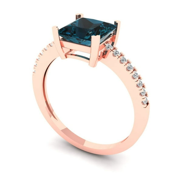 1.71ct Round Cut Blue Natural Swiss Blue Topaz 14k Pink Rose Gold Engraving Statement Bridal Wedding Designer Ring Size 6.25