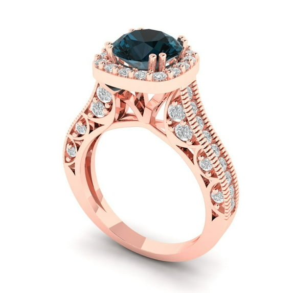 1.71ct Round Cut Blue Natural Swiss Blue Topaz 18k White Gold Engraving Statement Bridal Wedding Designer Ring Size 7