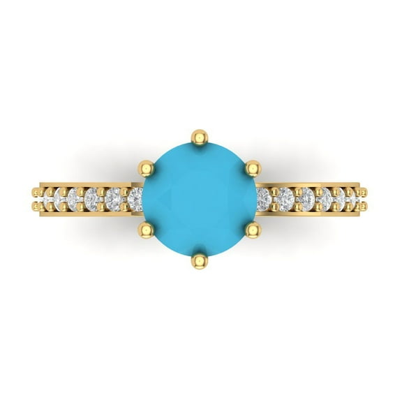 1.71ct Round Cut Blue Turquoise 14k Yellow Gold Engraving Statement Bridal Wedding Designer Ring Size 7.5