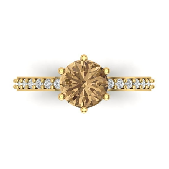 1.71ct Round Cut Brown Champagne Crystal 18k Yellow Gold Engraving Statement Bridal Wedding Designer Ring Size 5