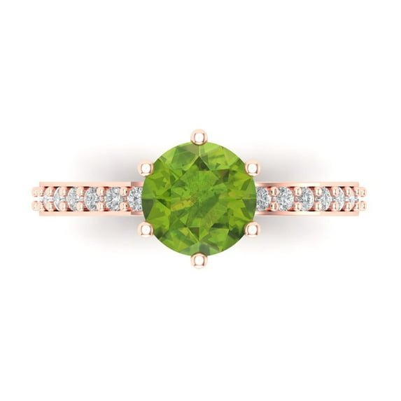 1.71ct Round Cut Green Natural Peridot 18k Pink Rose Gold Engraving Statement Bridal Wedding Designer Ring Size 3.5