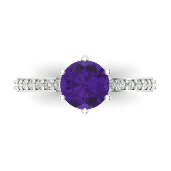 1.71ct Round Cut Purple Natural Amethyst 14k White Gold Engraving Statement Bridal Wedding Designer Ring Size 7.5