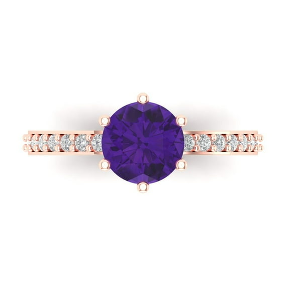 1.71ct Round Cut Purple Natural Amethyst 18k Pink Rose Gold Engraving Statement Bridal Wedding Designer Ring Size 11