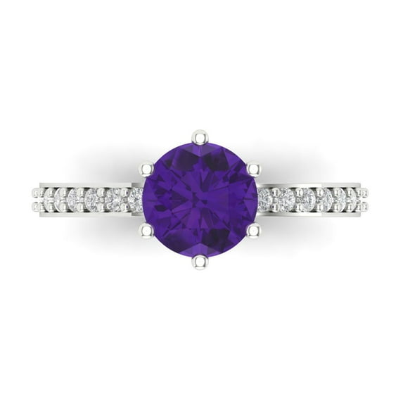 1.71ct Round Cut Purple Natural Amethyst 18k White Gold Engraving Statement Bridal Wedding Designer Ring Size 6.5
