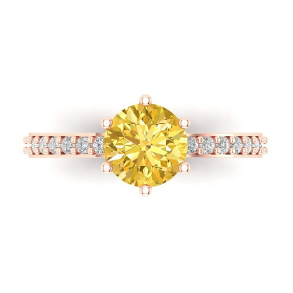 1.71ct Round Cut Yellow Crystal 14k Pink Rose Gold Engraving Statement Bridal Wedding Designer Ring Size 5.5
