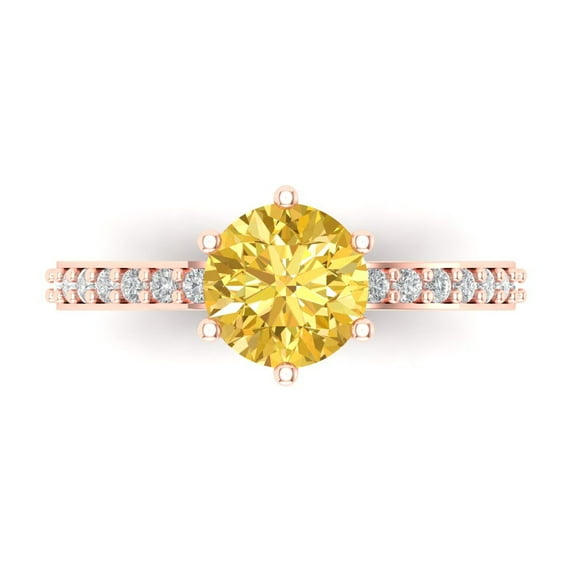 1.71ct Round Cut Yellow Natural Citrine 14k Pink Rose Gold Engraving Statement Bridal Wedding Designer Ring Size 7.5