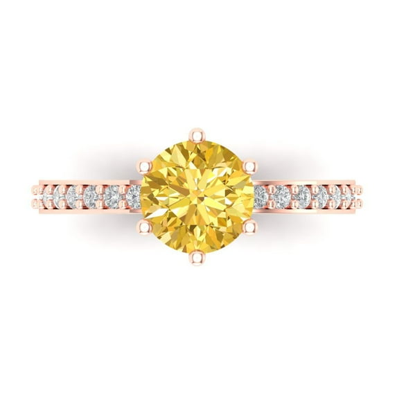 1.71ct Round Cut Yellow Natural Citrine 18k Pink Rose Gold Engraving Statement Bridal Wedding Designer Ring Size 6
