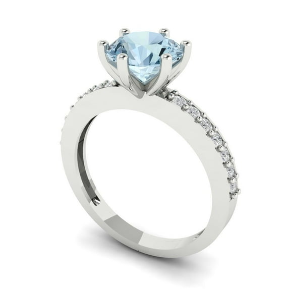 1.71ct round cut blue natural aquamarine 18k white gold Bridal Wedding Engagement Promise Anniversary Ring for Women size 11