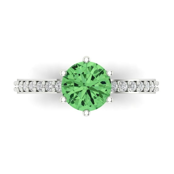 Clara Pucci 14K White Gold Solid Gold Green Solitaire with Accents Anniversary Ring for Women - 1.71 cttw Round Cut