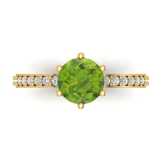 Clara Pucci 14K Yellow Gold Solid Gold Peridot Solitaire with Accents Anniversary Ring for Women - 1.71 cttw Round Cut