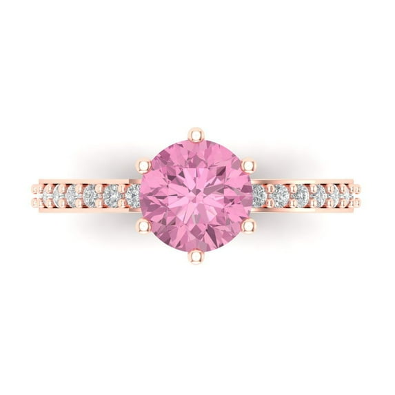 Clara Pucci 14K Rose Gold Solid Gold Pink Solitaire with Accents Anniversary Ring for Women - 1.71 cttw Round Cut