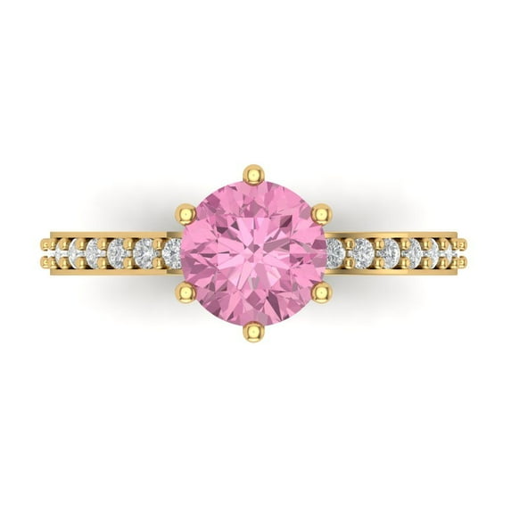 Clara Pucci 14K Yellow Gold Solid Gold Pink Solitaire with Accents Anniversary Ring for Women - 1.71 cttw Round Cut