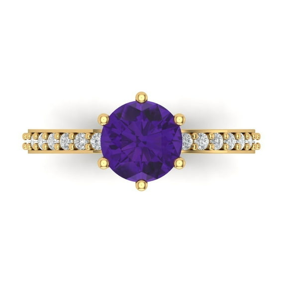 Clara Pucci 14K Yellow Gold Solid Gold Amethyst Solitaire with Accents Anniversary Ring for Women - 1.71 cttw Round Cut