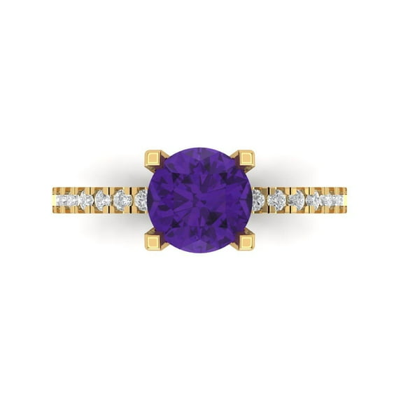 1.71 ct Round Cut Natural Amethyst Solitaire with Simulated Diamond Accents 18K Yellow Gold Womens Engagement Ring