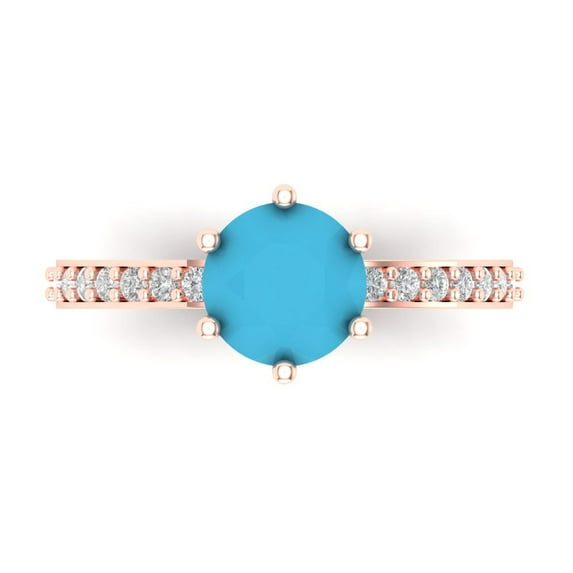 Clara Pucci 14K Rose Gold Solid Gold Turquoise Solitaire with Accents Anniversary Ring for Women - 1.71 cttw Round Cut