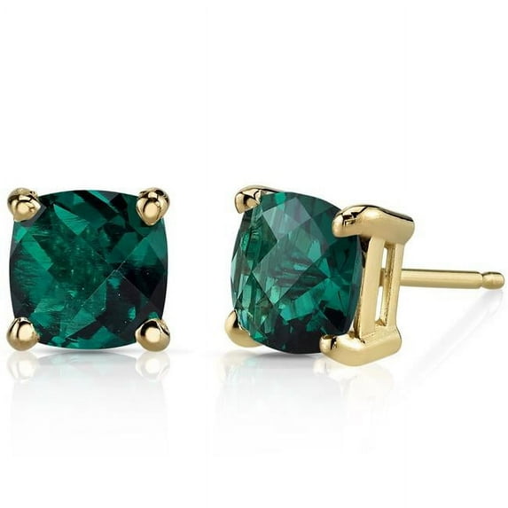 1.72 ct Cushion Cut Green Created Emerald Stud Earrings in 14K Yellow Gold