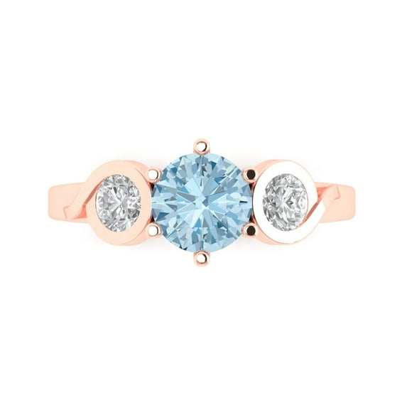 Clara Pucci 14K Rose Gold Solid Gold Aquamarine Three-Stone Anniversary Ring for Women - 1.72 cttw Round Cut